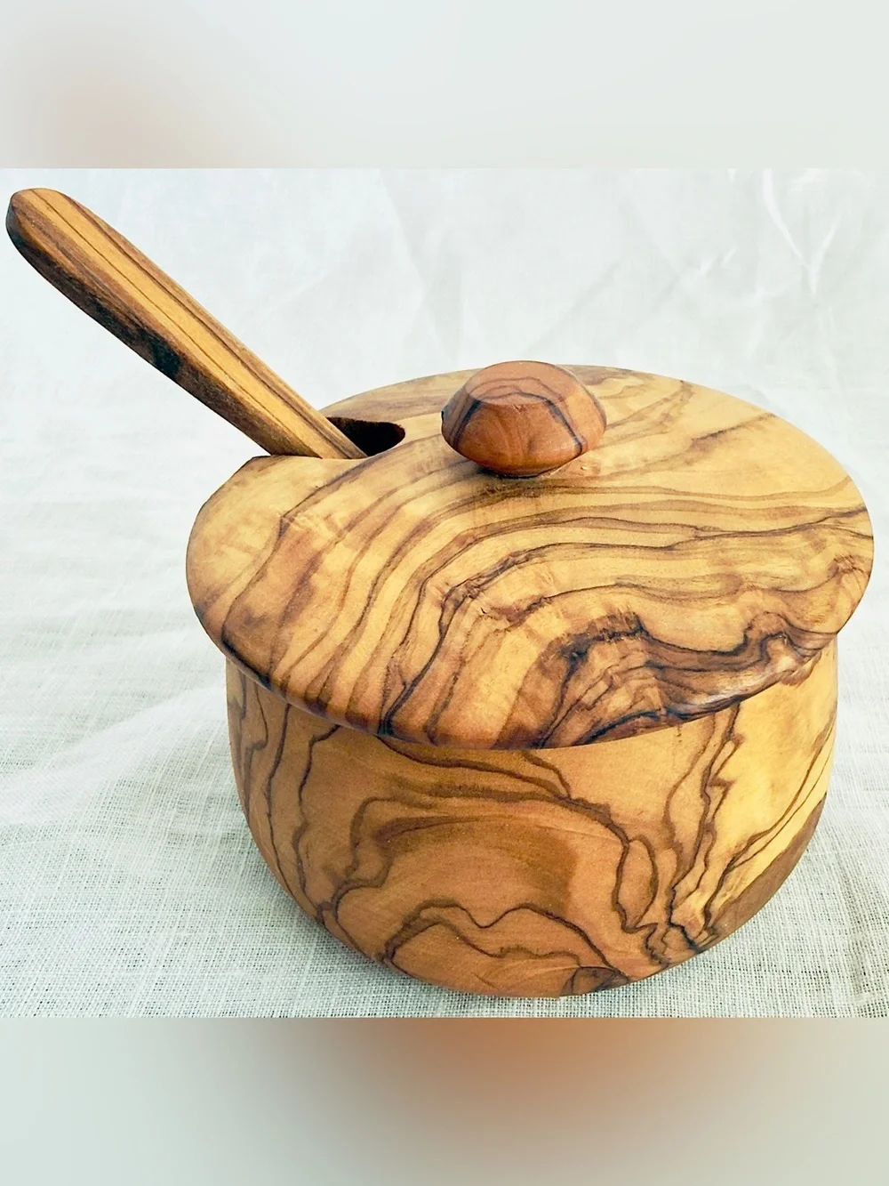 Hand-carved Italian Olivewood 7 oz Sugar Bowl & Spoon Set, Original Retail $59